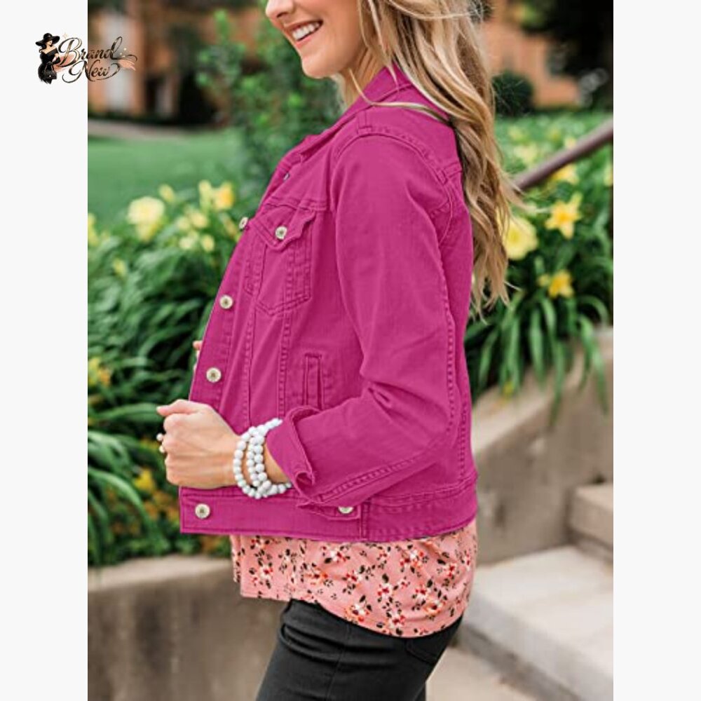 Button Down Stretch Fitted Denim Jacket Long Slee… - image 5